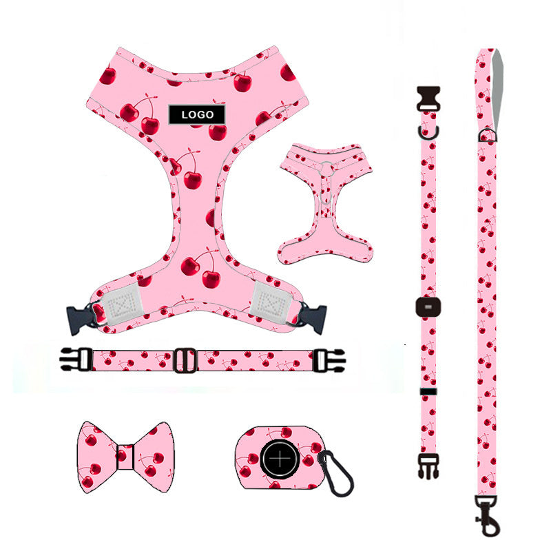 Pink Dog Harness with Leash, Collar, Bowtie, and Poop Bag Holder