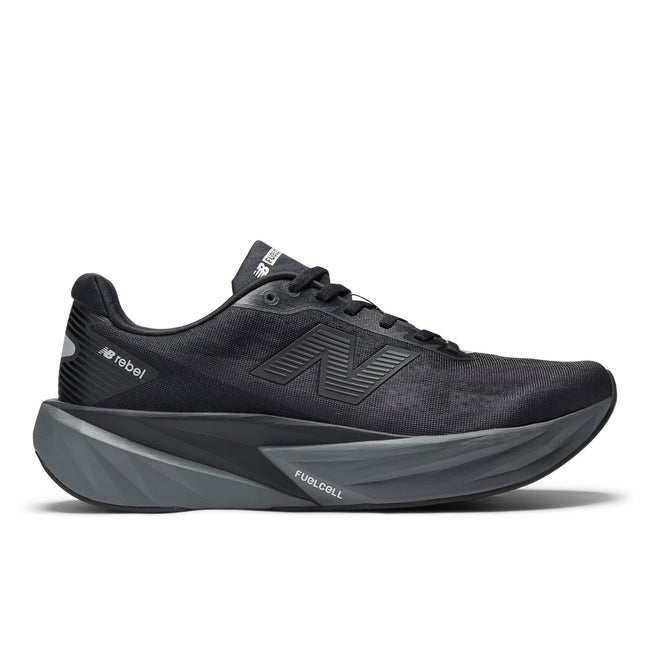 New Balance Men's FuelCell Rebel v5 in Black with Castlerock and Silver Metallic Hover Image