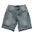 Mixed Emotions "ME" Rhinestone Denim Shorts Blue