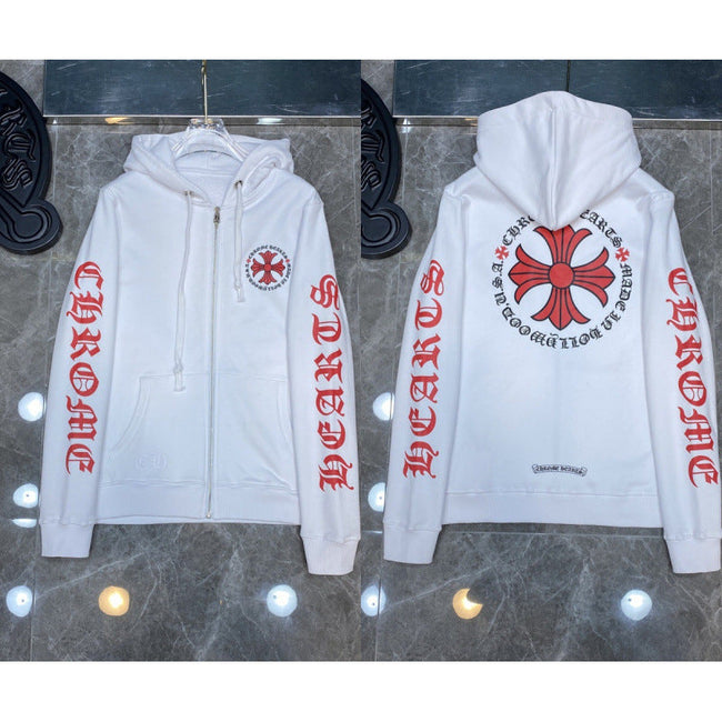 Chrome Hearts Red Scroll & Cross Zip-Up Hoodie (White) Hover Image