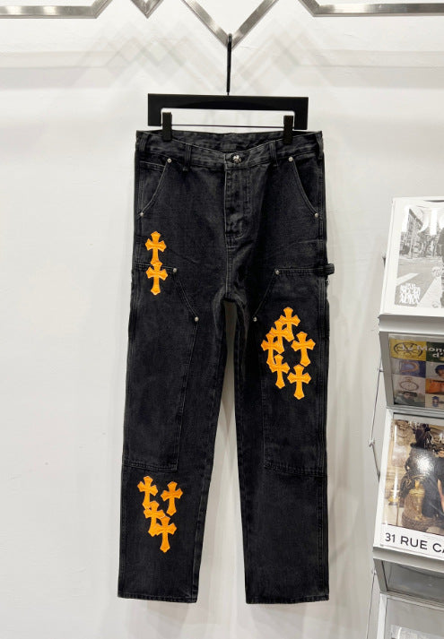 Chrome Hearts Black & Vibrant Orange Cross Patch Denim Jeans Hover Image