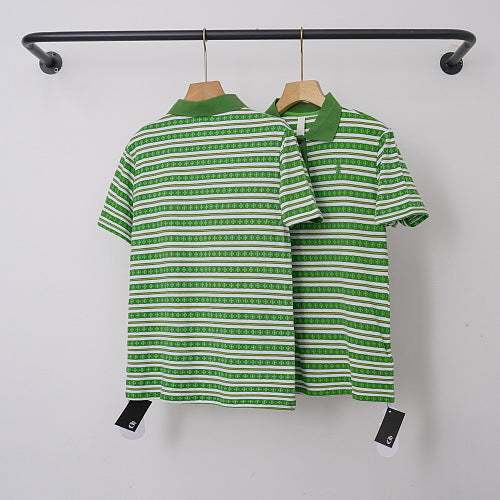 Chrome Hearts Monogram Striped Short Sleeve Polo Shirt (Green/White) Hover Image