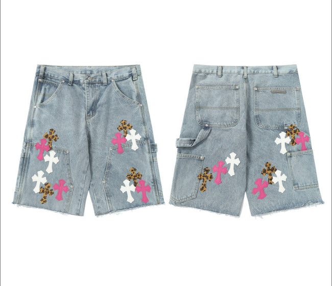 Chrome Hearts Light Blue & Pink-White Leopard Cross Patch Denim Shorts Hover Image