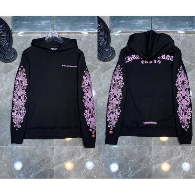 Chrome Hearts Pink Gothic Letter & Floral Cross Hoodie (Black) Hover Image