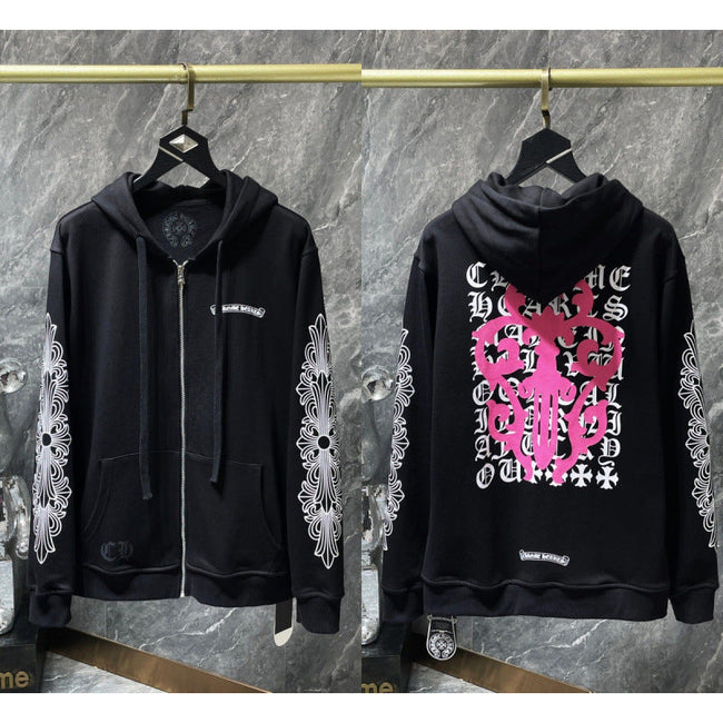 Chrome Hearts Pink Complex Scroll & Cross Zip-Up Hoodie (Black) Hover Image