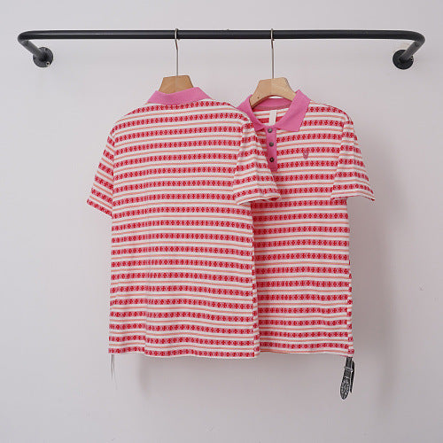 Chrome Hearts Monogram Striped Short Sleeve Polo Shirt (Pink/White) Hover Image