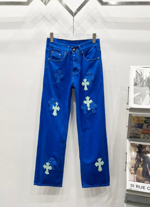Chrome Hearts Royal Blue Cross Patch Denim Jeans Hover Image
