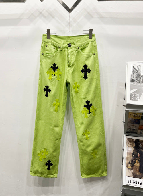 Chrome Hearts Lime Green Cross Patch Denim Jeans Hover Image