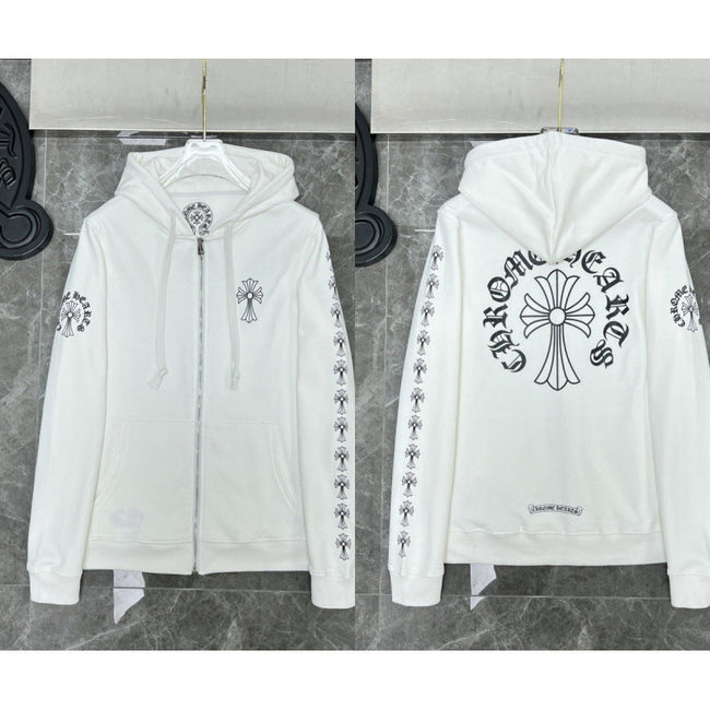 Chrome Hearts Cross Sleeve & Large Back Cross Zip-Up Hoodie (White) Hover Image