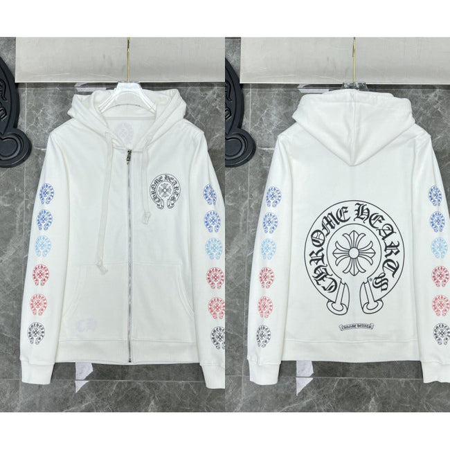 Chrome Hearts Gradient Cross Sleeve & Horseshoe Zip-Up Hoodie (White) Hover Image