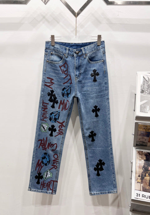 Chrome Hearts Blue & Typography Print Cross Patch Denim Jeans Hover Image