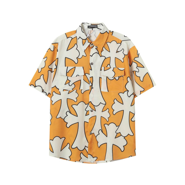 Chrome Hearts Bright Orange & White Large Cross Print Short-Sleeve Shirt Hover Image