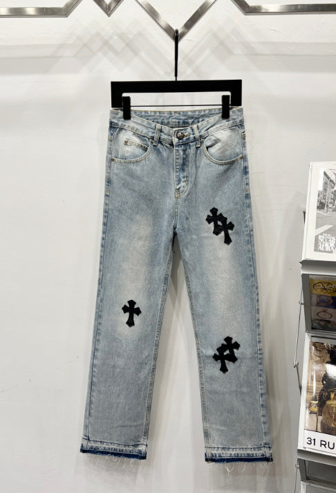 Chrome Hearts Light Blue & Black Cross Patch Denim Jeans Hover Image