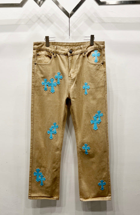Chrome Hearts Khaki & Light Blue Cross Patch Denim Jeans Hover Image