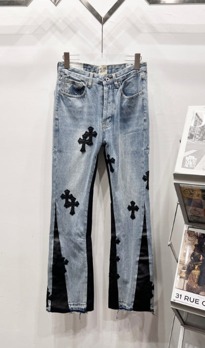 Chrome Hearts Light Blue & Black-Paneled Cross Patch Denim Jeans Hover Image
