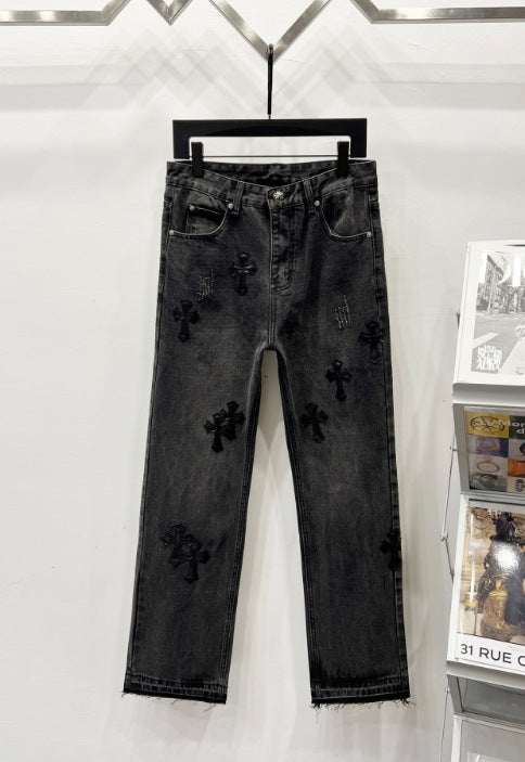 Chrome Hearts Black & Tonal Black Cross Patch Denim Jeans Hover Image