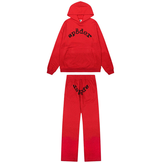 Sp5der Rhinestone Letter Graphic Red Hoodie and Sweatpants Tracksuit Set Hover Image