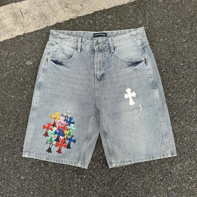 Chrome Hearts Light Blue & Multi-Color Cluster Cross Patch Denim Shorts Hover Image