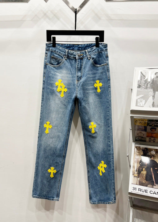 Chrome Hearts Classic Blue & Yellow Cross Patch Denim Jeans Hover Image