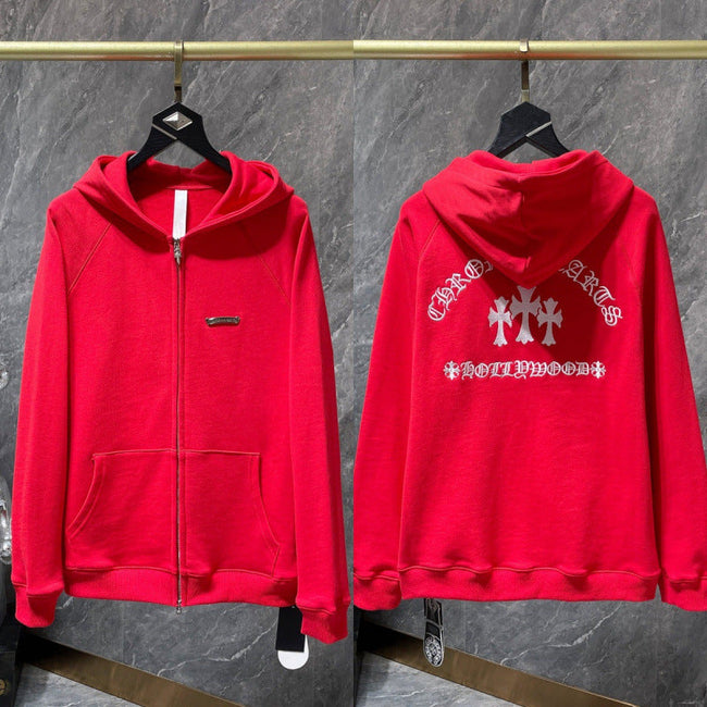 Chrome Hearts "Hollywood" Cross Zip-Up Hoodie (Red) Hover Image