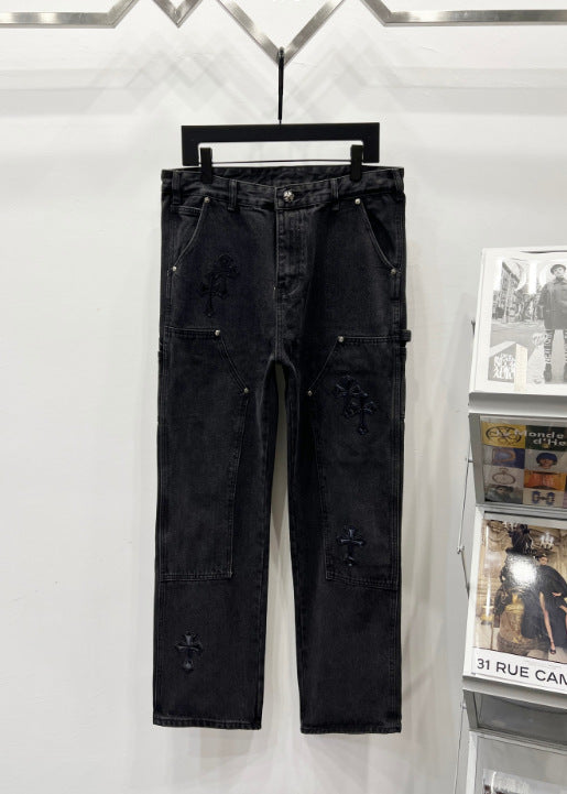 Chrome Hearts All-Black Heavy Distressed Cross Patch Denim Jeans Hover Image