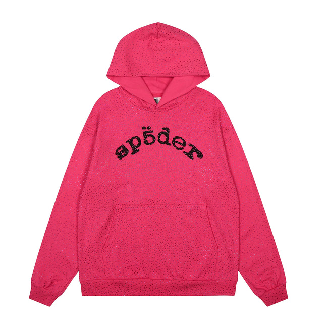 Sp5der Rhinestone Letter Graphic Hot Pink Pullover Hoodie Hover Image
