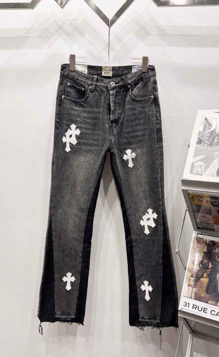 Chrome Hearts Gray-Black & White Cross Patch Denim Jeans Hover Image