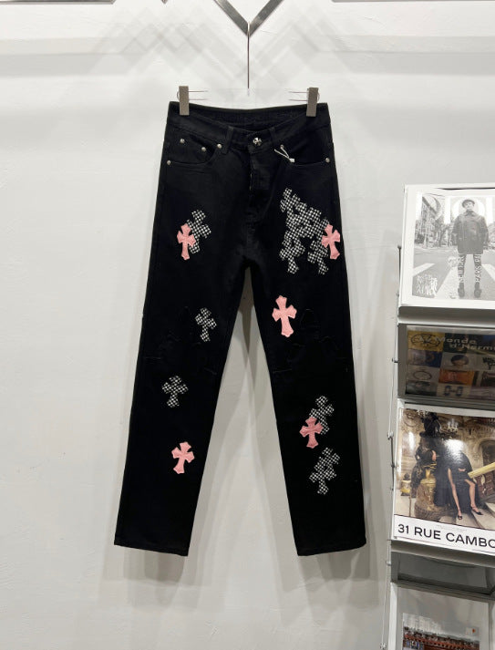 Chrome Hearts Pink & Black Cross Applique Jeans Hover Image