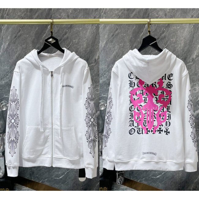 Chrome Hearts Pink Complex Scroll & Cross Zip-Up Hoodie (White) Hover Image