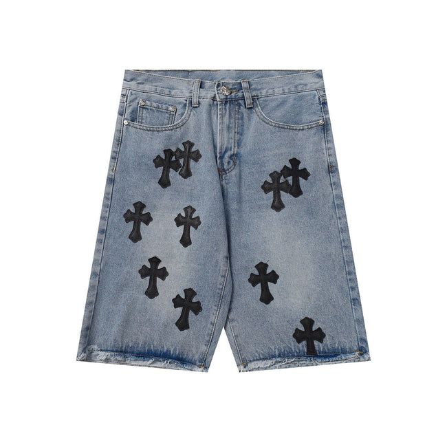 Chrome Hearts Classic Blue & Black Cross Patch Denim Shorts Hover Image
