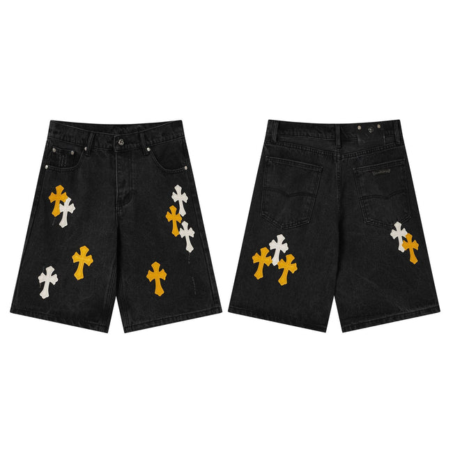 Chrome Hearts Black & Orange-White Cross Patch Denim Shorts Hover Image