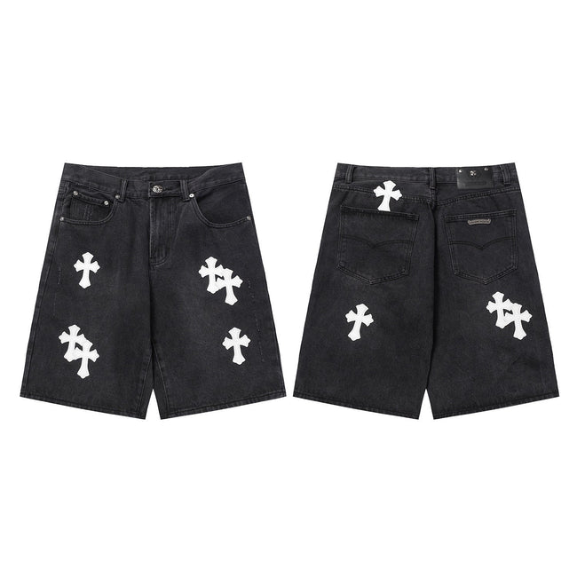 Chrome Hearts Black & White Cross Patch Denim Shorts Hover Image