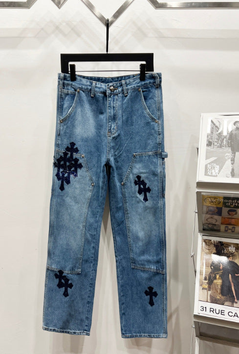 Chrome Hearts Classic Blue & Large Dark Blue Cross Patch Denim Jeans Hover Image