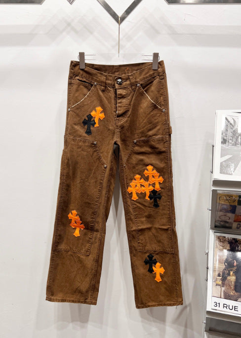 Chrome Hearts Brown & Orange-Black Cross Patch Denim Jeans Hover Image