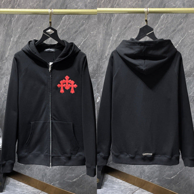 Chrome Hearts Red Floral Cross Zip-Up Hoodie (Black) Hover Image