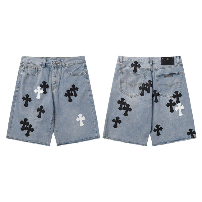 Chrome Hearts Classic Blue & Black-White Cross Patch Denim Shorts Hover Image