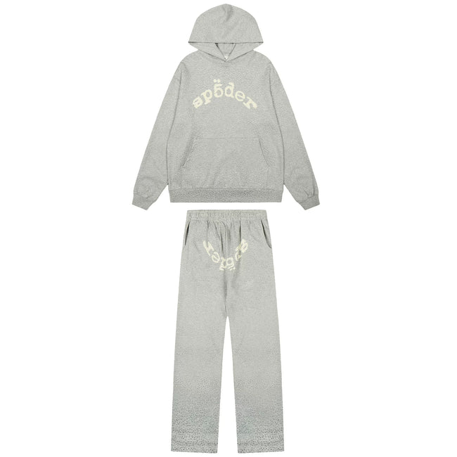 Sp5der Rhinestone Letter Graphic Grey Hoodie and Sweatpants Tracksuit Set Hover Image