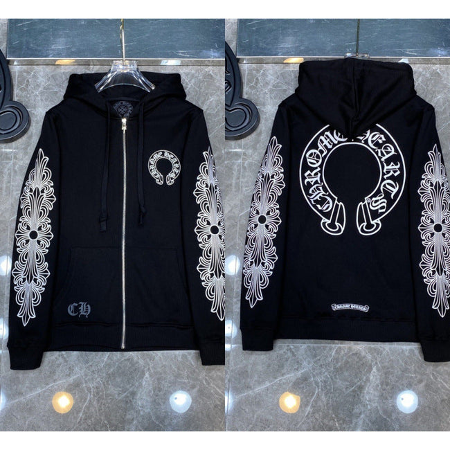 Chrome Hearts Horseshoe & Floral Cross Zip-Up Hoodie (Black) Hover Image