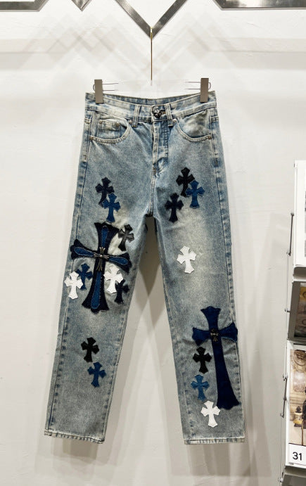 Chrome Hearts Classic Blue & Dark Blue-White Large Cross Patch Denim Jeans Hover Image