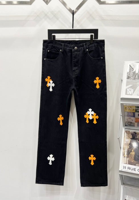 Chrome Hearts Black & Orange-White Cross Patch Denim Jeans Hover Image