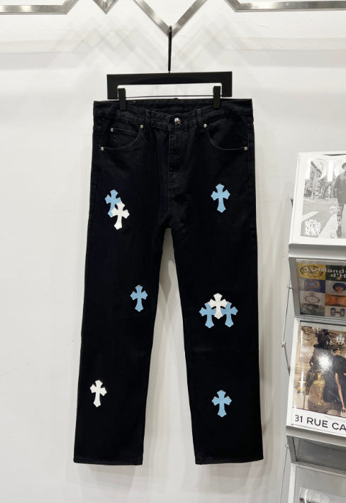 Chrome Hearts Black & Light Blue-White Cross Patch Denim Jeans Hover Image