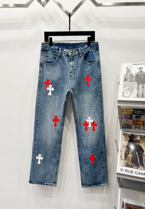 Chrome Hearts Classic Blue & Red-White Cross Patch Denim Jeans Hover Image