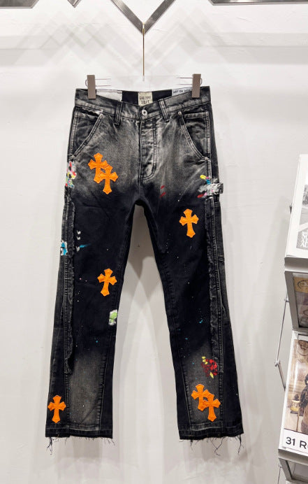 Chrome Hearts Black Heavy Wash & Orange Cross Patch Denim Jeans Hover Image