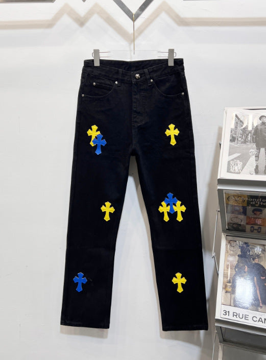 Chrome Hearts Blue and Yellow Cross Applique Jeans Hover Image