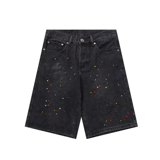 Chrome Hearts Black Heavy Wash & Paint Splatter Denim Shorts Hover Image