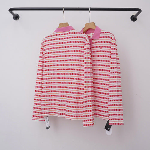 Chrome Hearts Fine Striped Long Sleeve Polo (Pink/White) Hover Image
