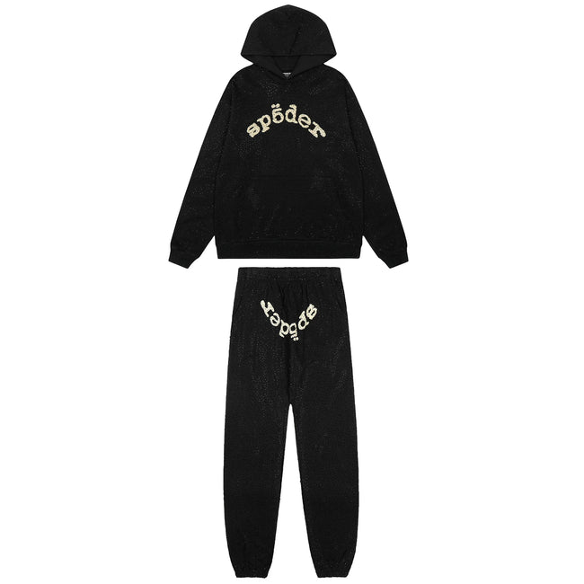 Sp5der Rhinestone Letter Graphic Hoodie and Sweatpants Tracksuit Set Main Image