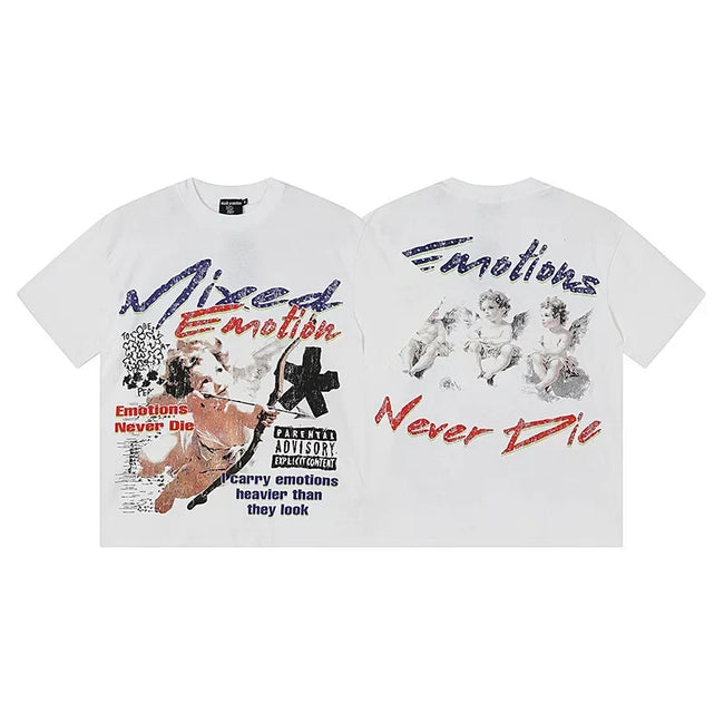 MIXED EMOTION "Emotions Never Die" Cherub Graphic Streetwear T-Shirt - White / Multi-Color Hover Image