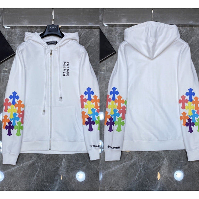 Chrome Hearts Multi-Color Cross Sleeve Zip-Up Hoodie (White) Hover Image