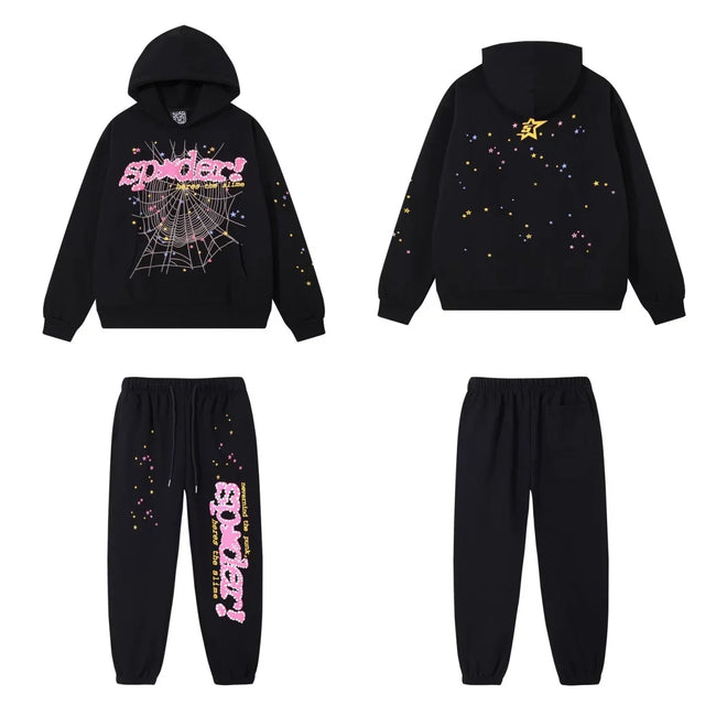 SP5DER Web Graphic Pullover Hoodie and Sweatpants Matching Set - Black / Pink Hover Image